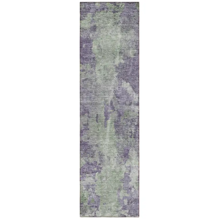 8' Runner Purple and Green Abstract Washable Non Skid Indoor Outdoor Runner Rug