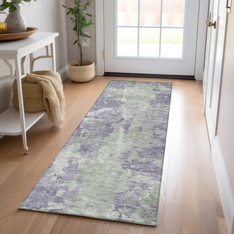 8' Runner Purple and Green Abstract Washable Non Skid Indoor Outdoor Runner Rug