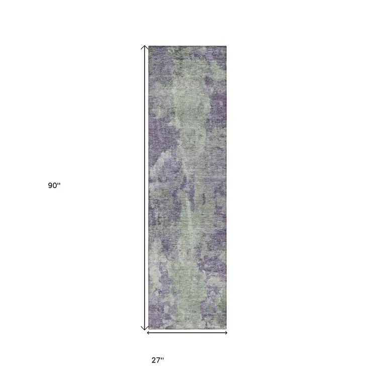 8' Runner Purple and Green Abstract Washable Non Skid Indoor Outdoor Runner Rug