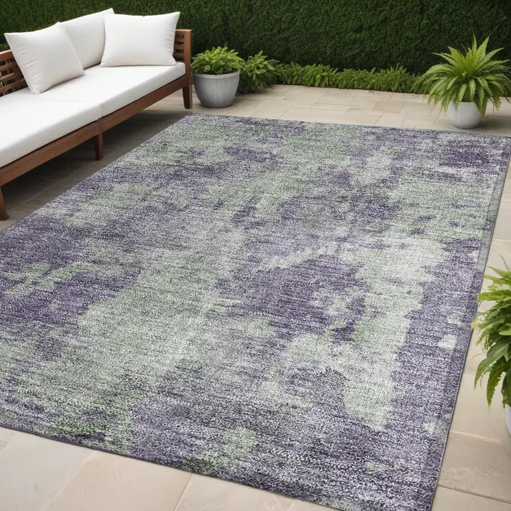 5' X 8' Purple and Green Abstract Washable Non Skid Indoor Outdoor Area Rug