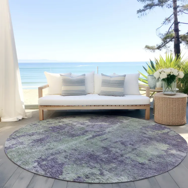 8' Purple And Green Round Abstract Washable Indoor Outdoor Area Rug