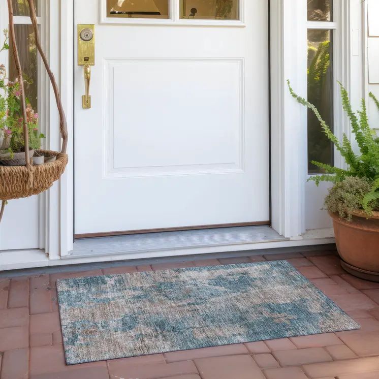 2' X 3' Teal and Taupe Abstract Washable Non Skid Indoor Outdoor Area Rug