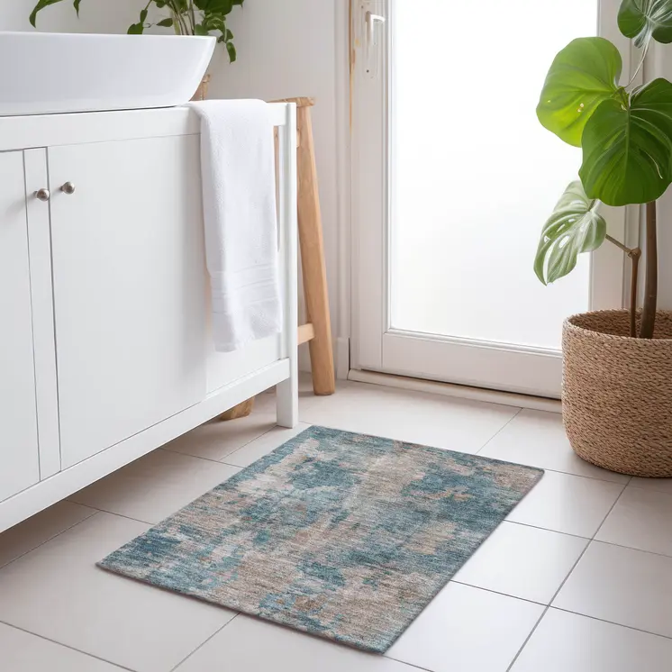 2' X 3' Teal and Taupe Abstract Washable Non Skid Indoor Outdoor Area Rug