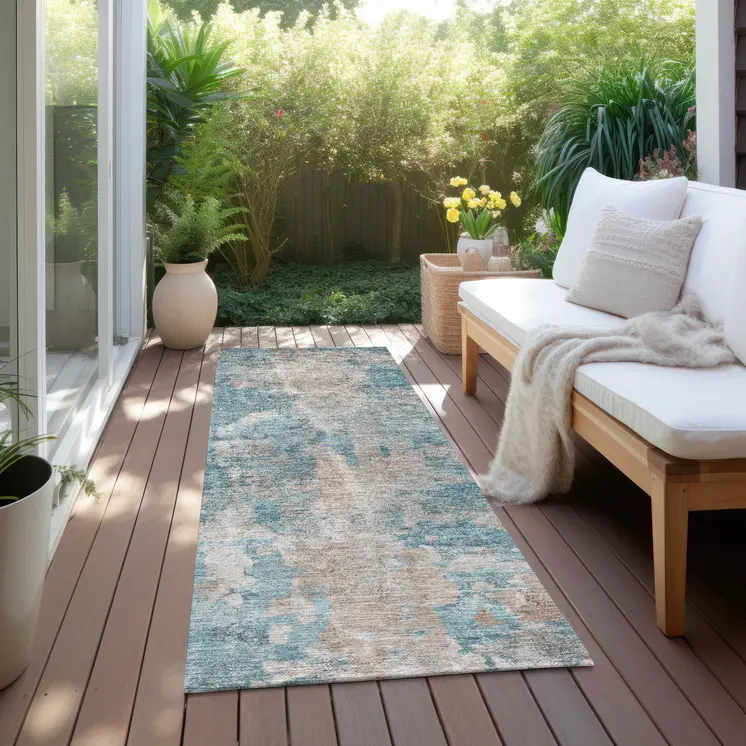 8' Runner Teal and Taupe Abstract Washable Non Skid Indoor Outdoor Runner Rug