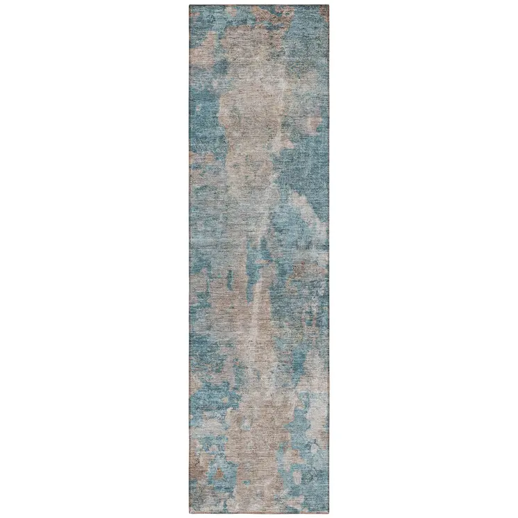8' Runner Teal and Taupe Abstract Washable Non Skid Indoor Outdoor Runner Rug