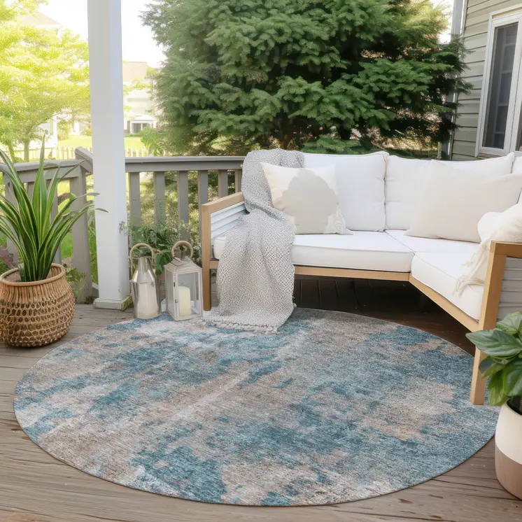 8' Round Teal and Taupe Round Abstract Washable Non Skid Indoor Outdoor Area Rug