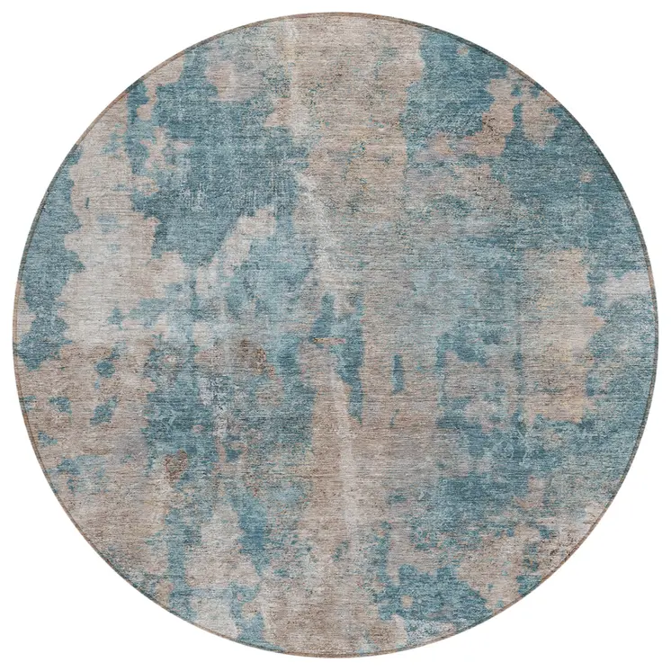 8' Round Teal and Taupe Round Abstract Washable Non Skid Indoor Outdoor Area Rug