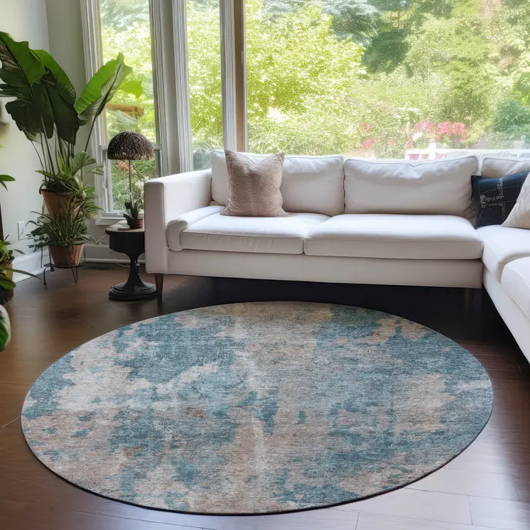 8' Round Teal and Taupe Round Abstract Washable Non Skid Indoor Outdoor Area Rug