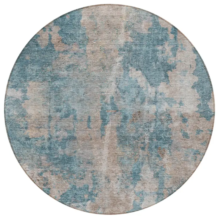 8' Round Teal and Taupe Round Abstract Washable Non Skid Indoor Outdoor Area Rug