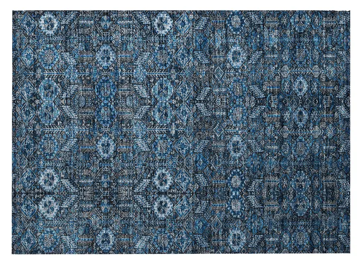2' X 3' Blue and Black Floral Washable Non Skid Indoor Outdoor Area Rug