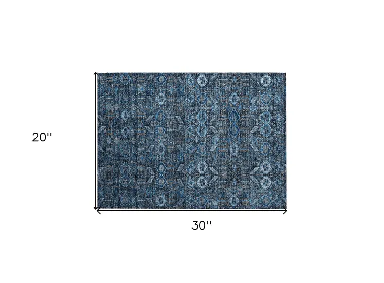 2' X 3' Blue and Black Floral Washable Non Skid Indoor Outdoor Area Rug