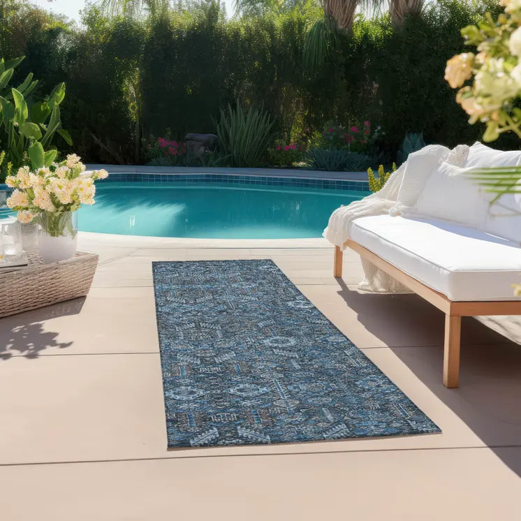 8' Runner Blue and Black Floral Washable Non Skid Indoor Outdoor Runner Rug