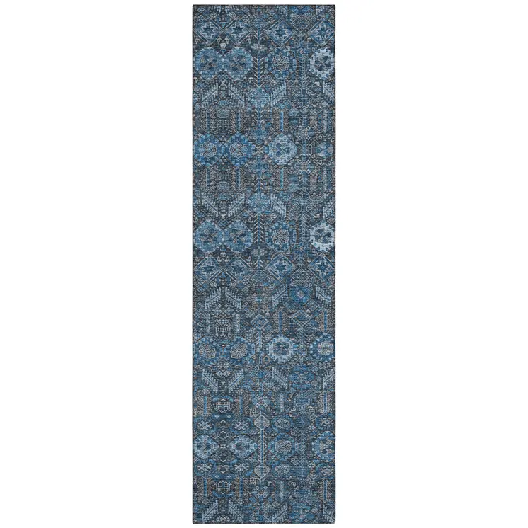 8' Runner Blue and Black Floral Washable Non Skid Indoor Outdoor Runner Rug