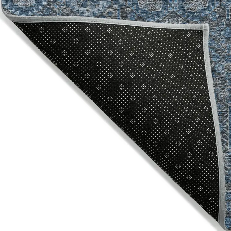 8' Runner Blue and Black Floral Washable Non Skid Indoor Outdoor Runner Rug