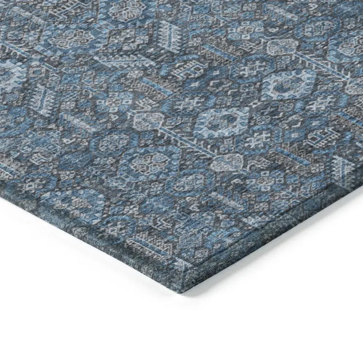 8' Runner Blue and Black Floral Washable Non Skid Indoor Outdoor Runner Rug