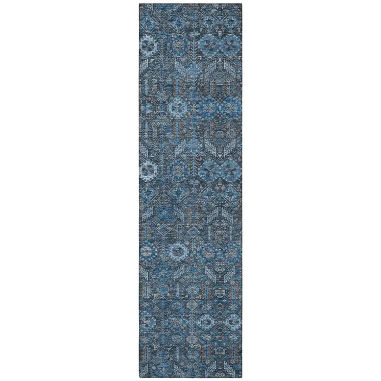 8' Runner Blue and Black Floral Washable Non Skid Indoor Outdoor Runner Rug