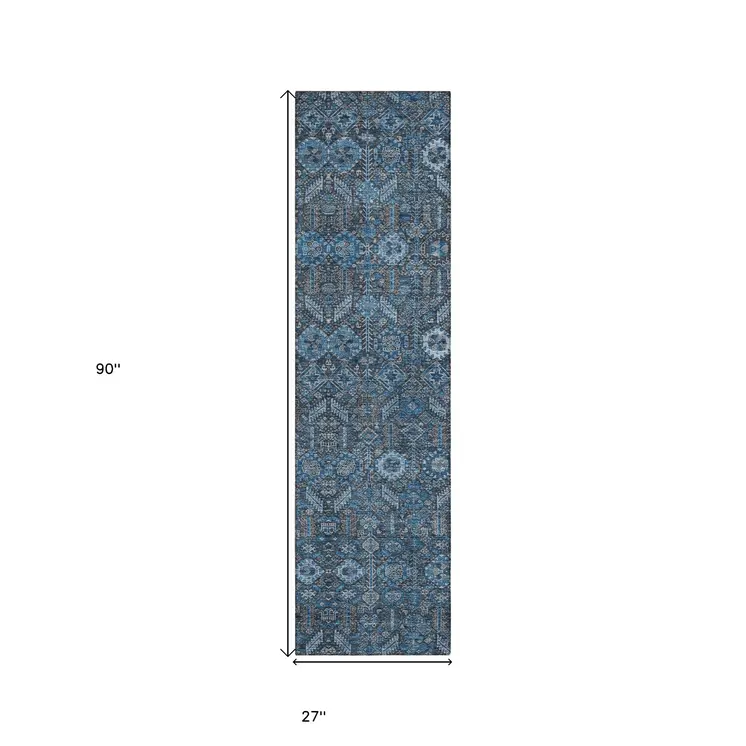 8' Runner Blue and Black Floral Washable Non Skid Indoor Outdoor Runner Rug