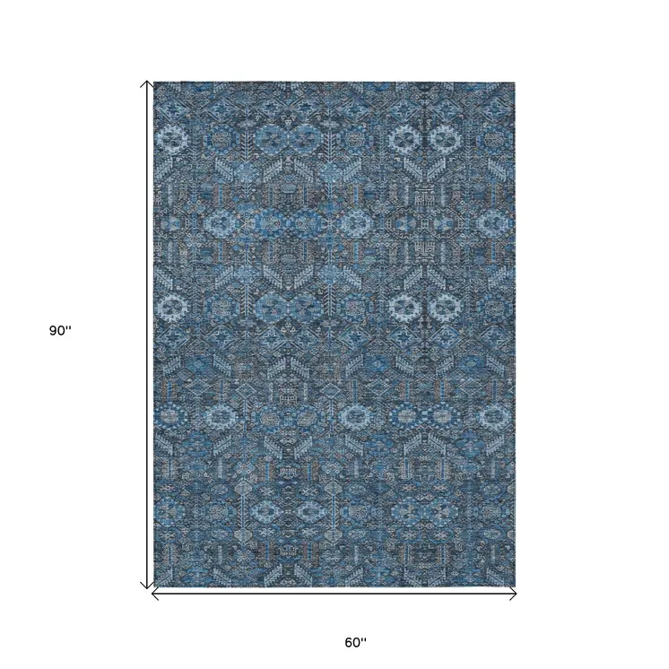 5' X 8' Blue and Black Floral Washable Non Skid Indoor Outdoor Area Rug