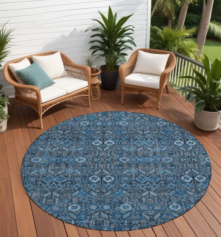 8' Round Blue and Black Round Floral Washable Non Skid Indoor Outdoor Area Rug