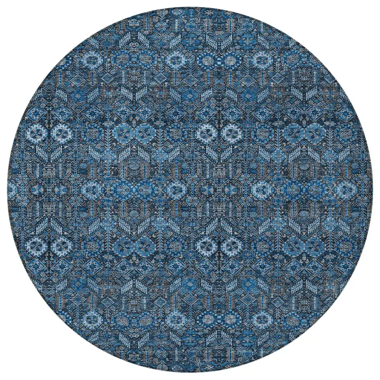 8' Round Blue and Black Round Floral Washable Non Skid Indoor Outdoor Area Rug