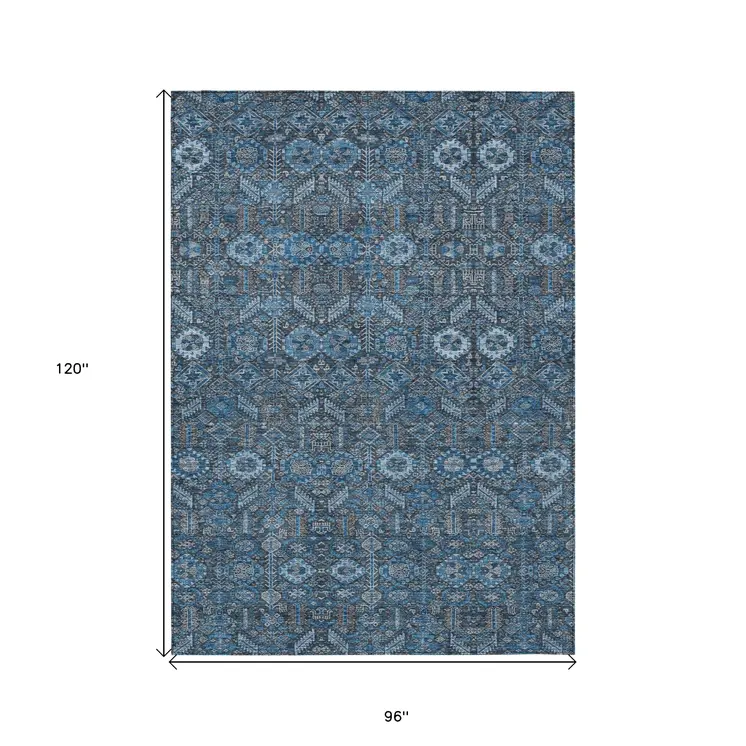 8' X 10' Blue and Black Floral Washable Non Skid Indoor Outdoor Area Rug