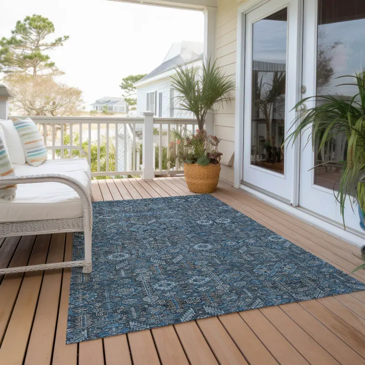 8' X 10' Blue and Black Floral Washable Non Skid Indoor Outdoor Area Rug