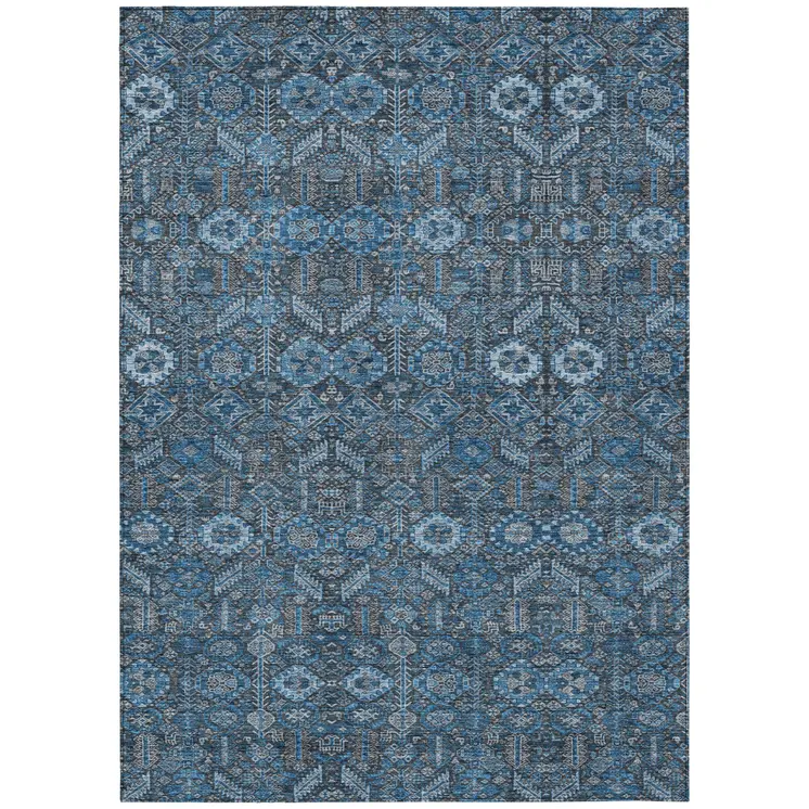 10' X 14' Blue And Black Floral Washable Indoor Outdoor Area Rug