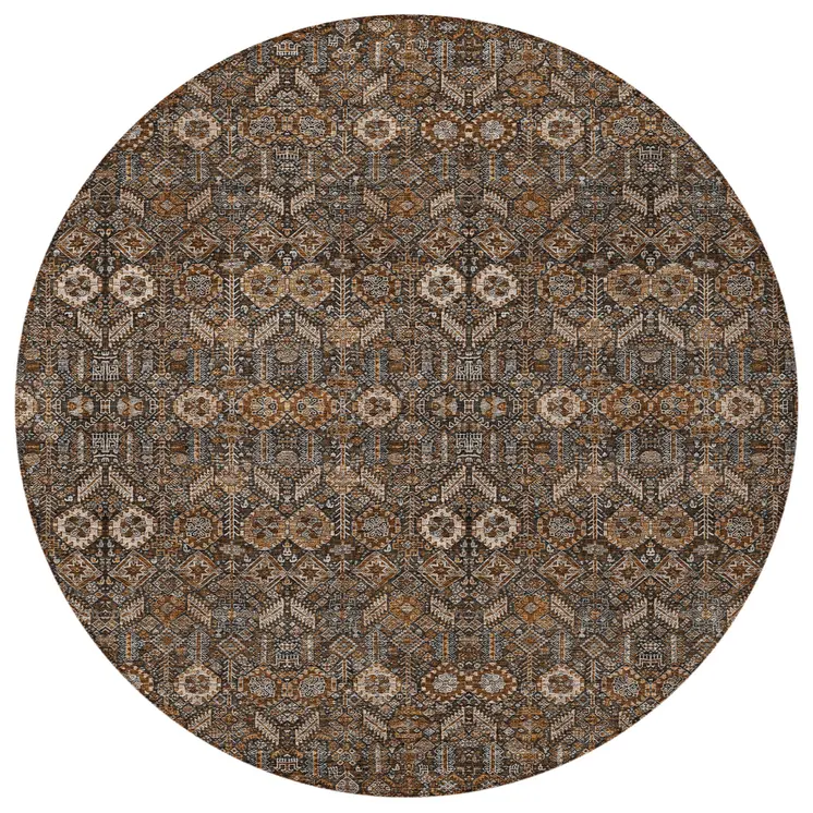 8' Round Chocolate Round Floral Washable Non Skid Indoor Outdoor Area Rug
