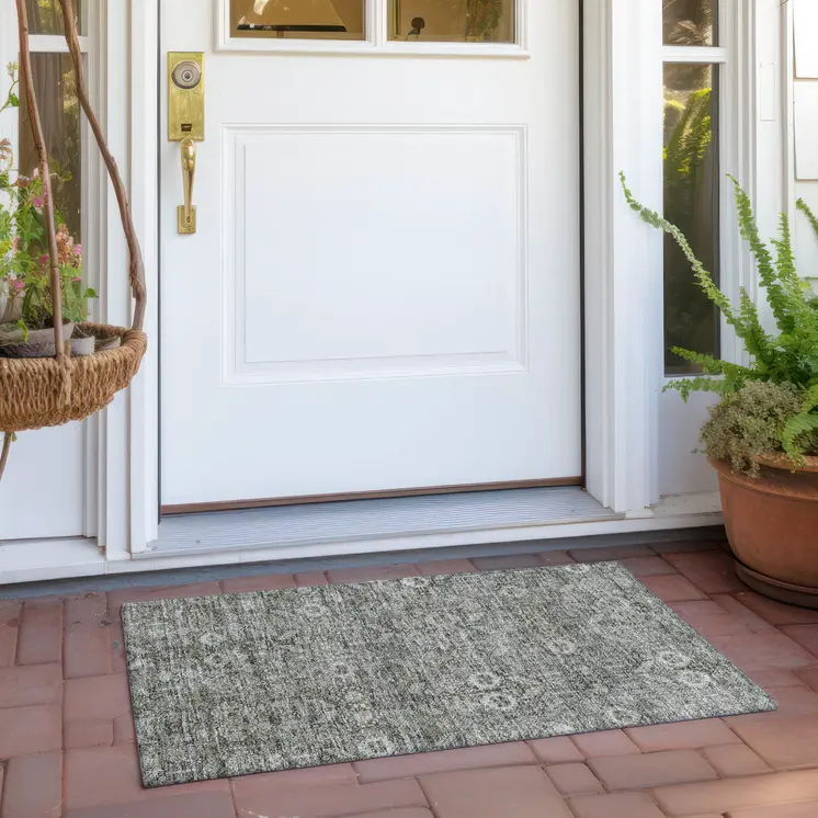 2' X 3' Cream and Tan Floral Washable Non Skid Indoor Outdoor Area Rug