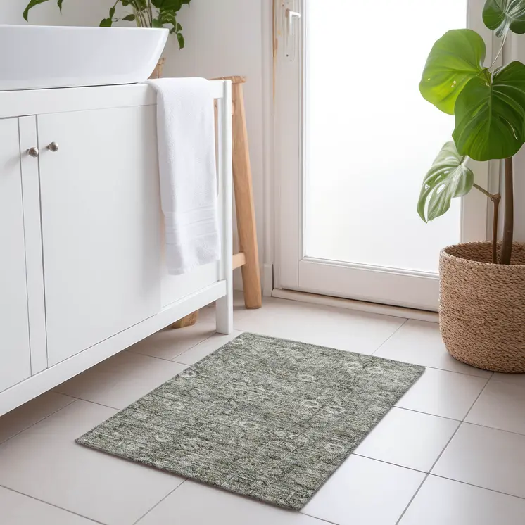 2' X 3' Cream and Tan Floral Washable Non Skid Indoor Outdoor Area Rug