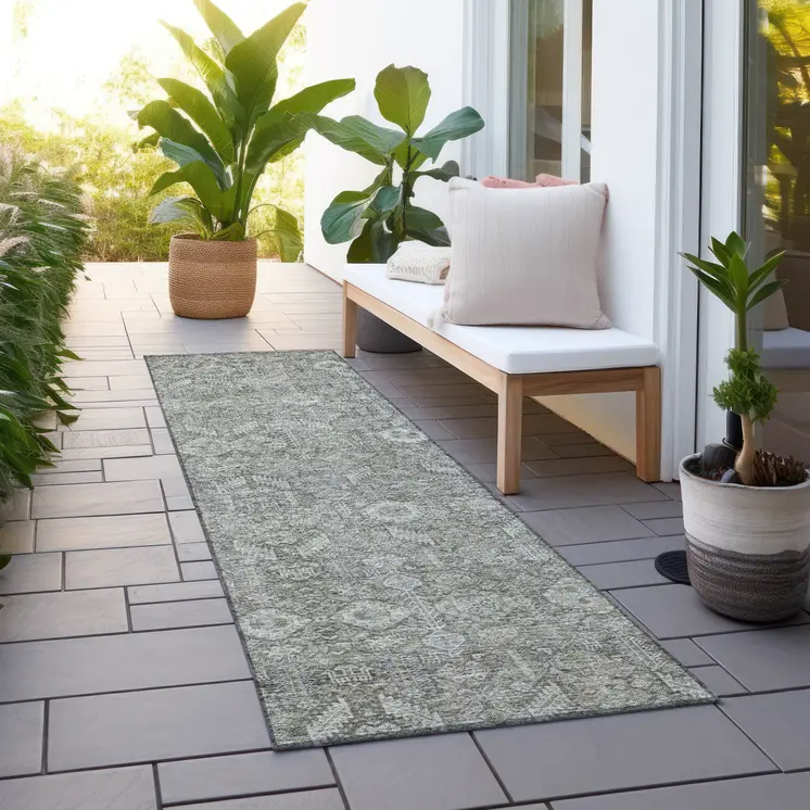 8' Runner Cream and Tan Floral Washable Non Skid Indoor Outdoor Runner Rug