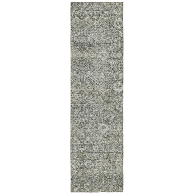 8' Runner Cream and Tan Floral Washable Non Skid Indoor Outdoor Runner Rug