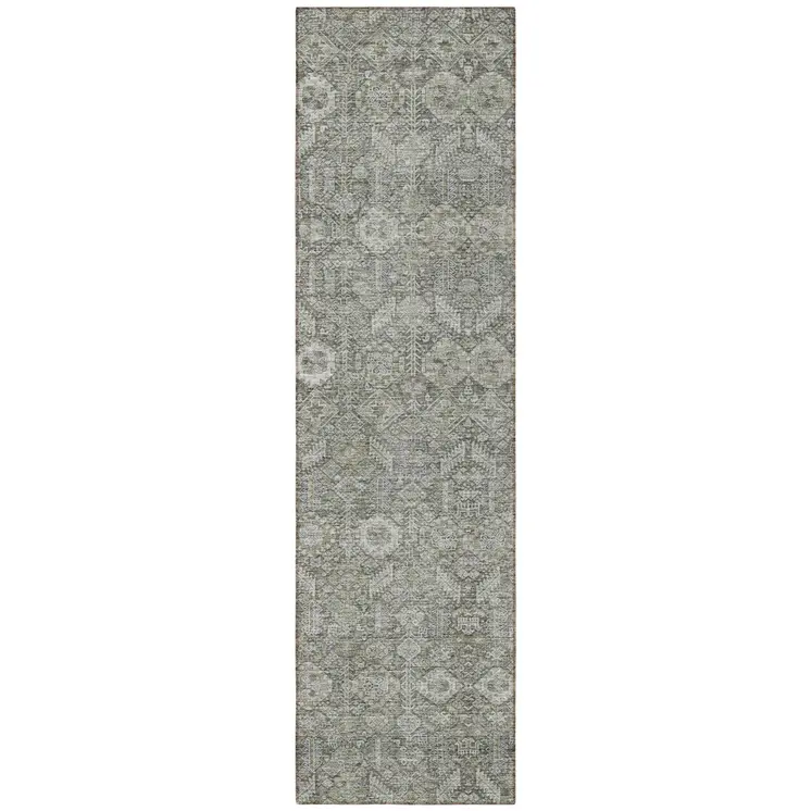 8' Runner Cream and Tan Floral Washable Non Skid Indoor Outdoor Runner Rug