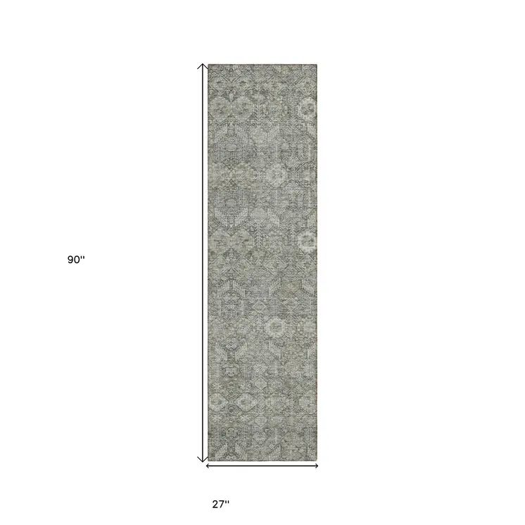 8' Runner Cream and Tan Floral Washable Non Skid Indoor Outdoor Runner Rug
