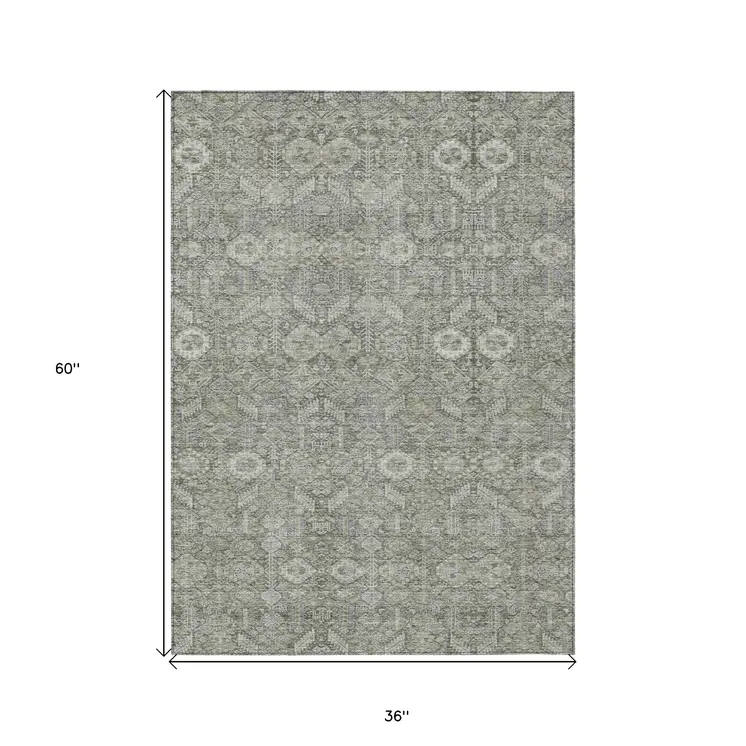 3' X 5' Cream and Tan Floral Washable Non Skid Indoor Outdoor Area Rug