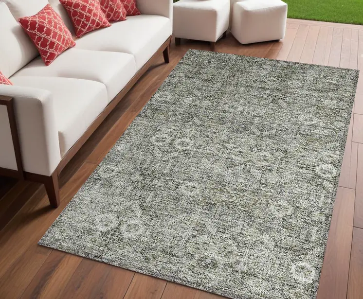 5' X 8' Cream and Tan Floral Washable Non Skid Indoor Outdoor Area Rug