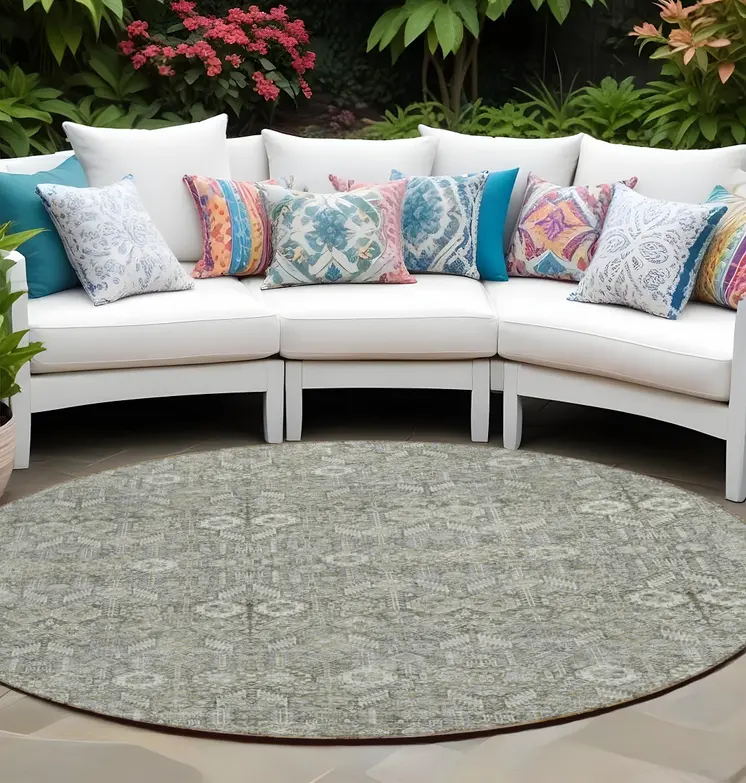 8' Round Cream and Tan Round Floral Washable Non Skid Indoor Outdoor Area Rug