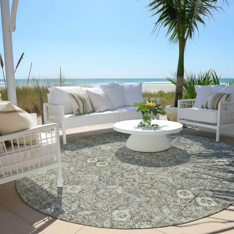 8' Round Cream and Tan Round Floral Washable Non Skid Indoor Outdoor Area Rug