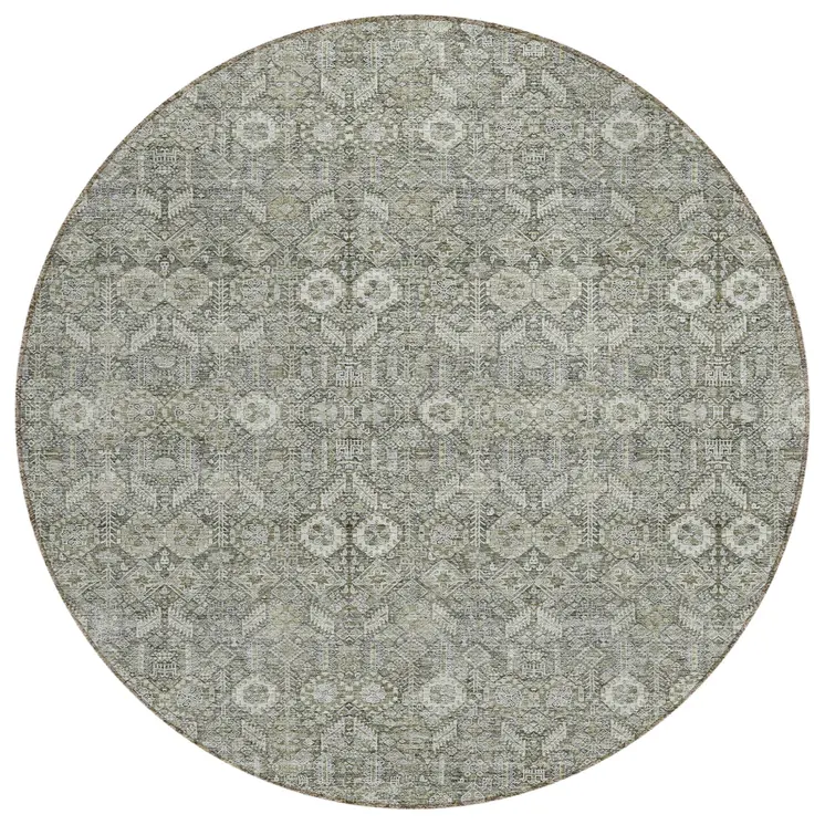8' Round Cream and Tan Round Floral Washable Non Skid Indoor Outdoor Area Rug