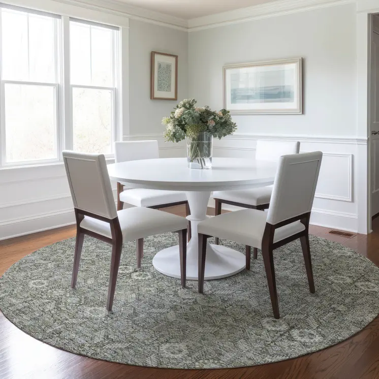 8' Round Cream and Tan Round Floral Washable Non Skid Indoor Outdoor Area Rug
