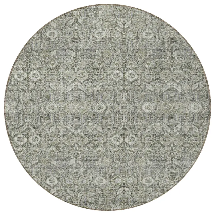 8' Round Cream and Tan Round Floral Washable Non Skid Indoor Outdoor Area Rug