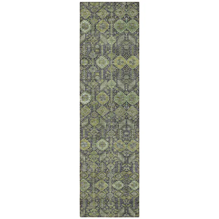 8' Blue And Green Floral Washable Indoor Outdoor Runner Rug