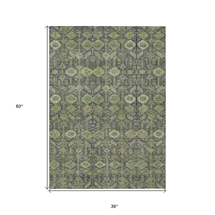 3' X 5' Blue and Green Floral Washable Non Skid Indoor Outdoor Area Rug