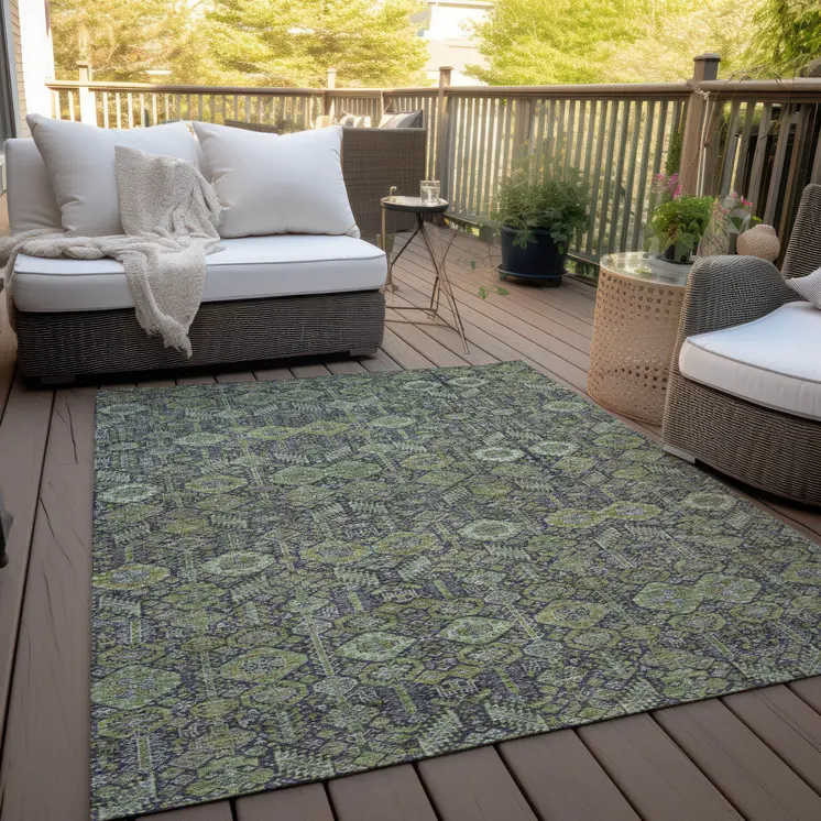 3' X 5' Blue and Green Floral Washable Non Skid Indoor Outdoor Area Rug
