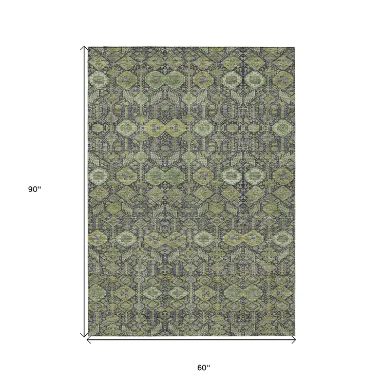 5' X 8' Blue and Green Floral Washable Non Skid Indoor Outdoor Area Rug