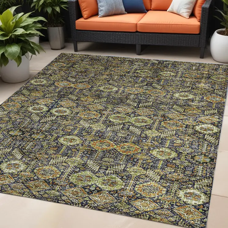 5' X 8' Blue and Green Floral Washable Non Skid Indoor Outdoor Area Rug