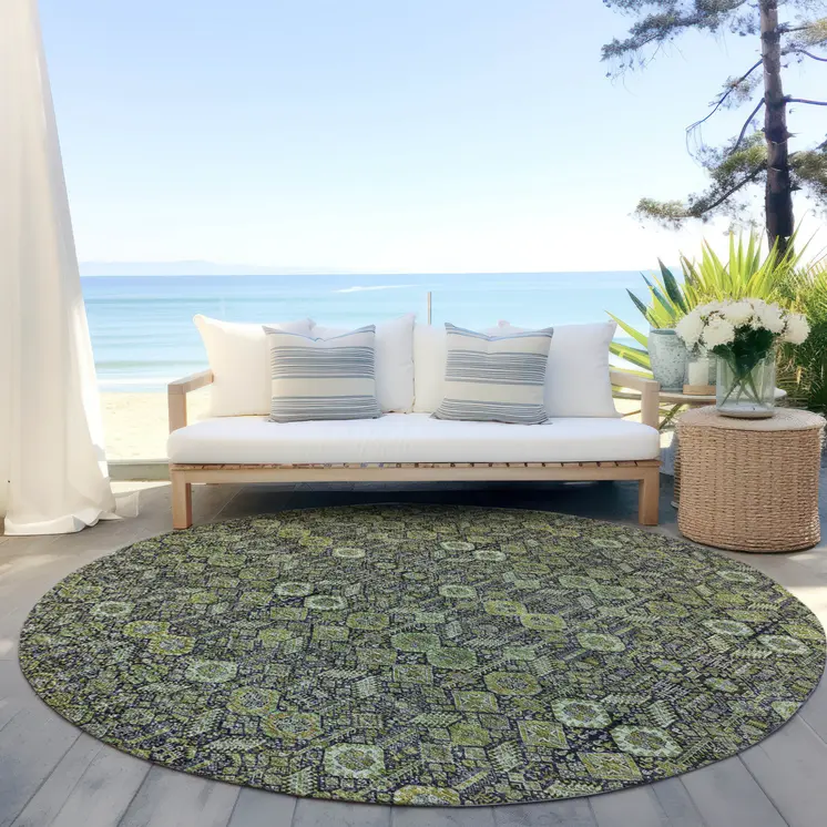 8' Round Blue and Green Round Floral Washable Non Skid Indoor Outdoor Area Rug