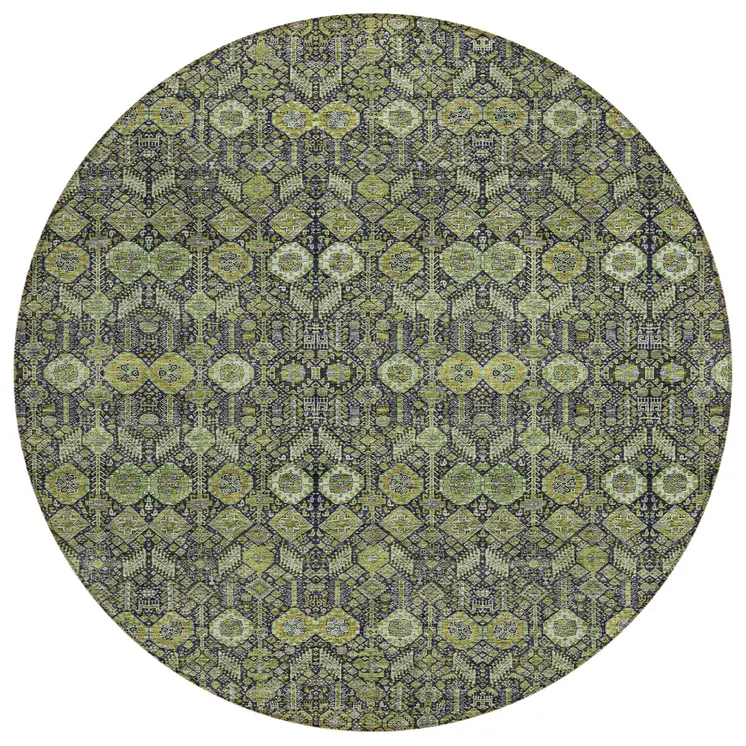 8' Round Blue and Green Round Floral Washable Non Skid Indoor Outdoor Area Rug