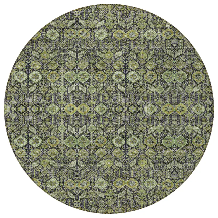 8' Round Blue and Green Round Floral Washable Non Skid Indoor Outdoor Area Rug