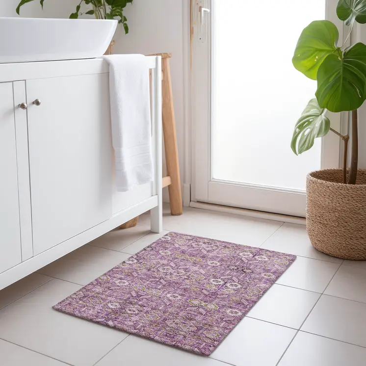 2' X 3' Lavender and Ivory Floral Washable Non Skid Indoor Outdoor Area Rug